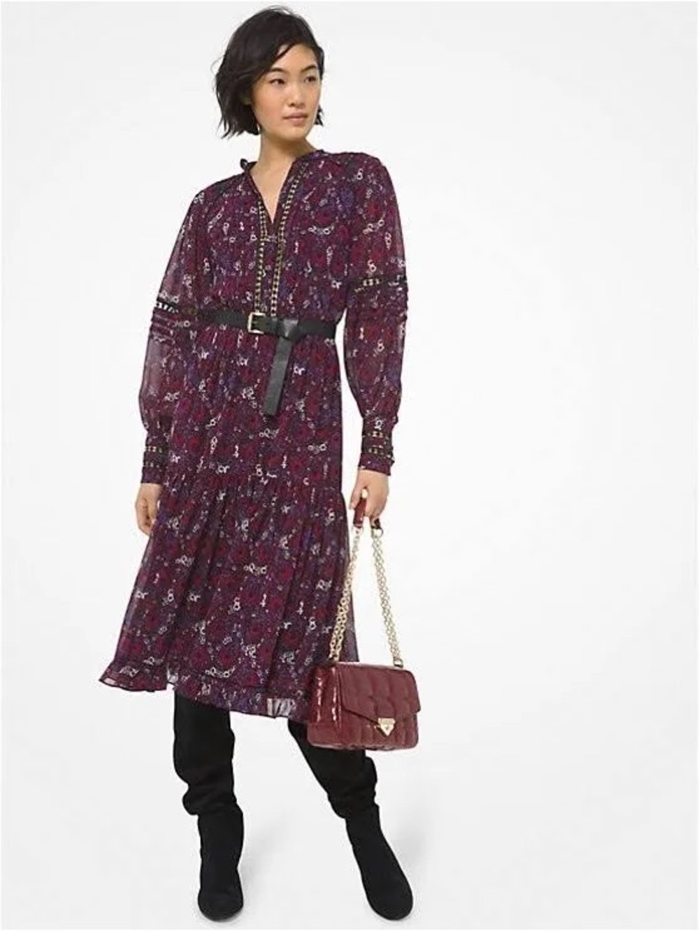 Michael Kors Paisley Georgette and Lace Ruffled Dress (Size 6)